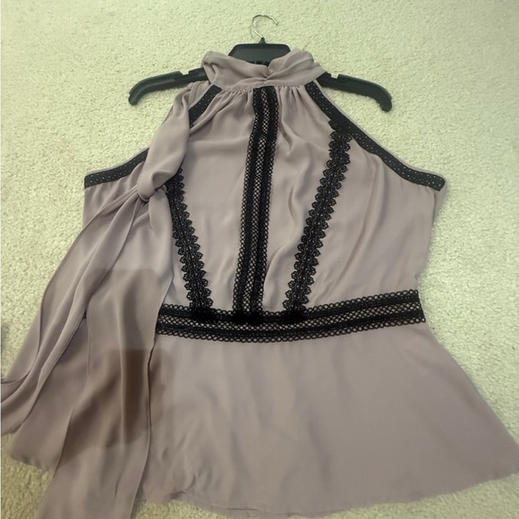 Elegant Taupe Halter Blouse with Black Lace Trim - Picture 1 of 5